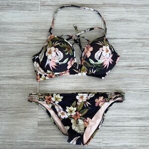 Floral bikini ruched butt bottoms XL, V front racerback tie back for top 36D